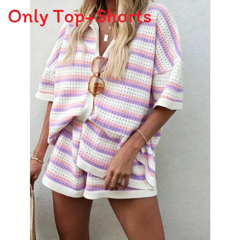 Completo in Maglia a Righe da Donna Streetwear con Motivo a Intreccio per Uso Casual Estivo
