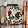 8-Inch Round Metal Sign, Live Today Like You're Going To Be Bombed Tomorrow, Rooster Design Wall Decor for Homes, Cafes, Bars