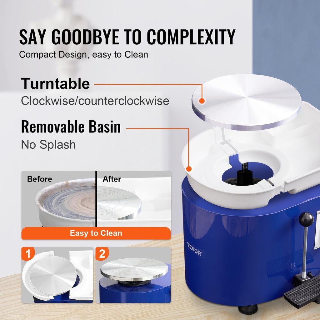 Pottery Wheel, 350W, 11 in Clay Wheel Forming Machine, 60-300 RPM Adjustable Speed with Handle and Pedal Control, ABS Detachable Basin, Accessory Kit