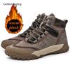 Fashion Golden Sapling Size 38-44 Outdoor Climbing Boots for Men Winter Warm Thicken Plush Ankle Boot Genuine Leather Male Hiking Shoes