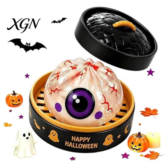 Portable Decompression Tool 1/5/6Pcs Halloween Dumpling Squeezing Toy with Steamer, Pumpkin Ghost Eyeball Skeleton Bun Stress Relief for Kids Adults,
