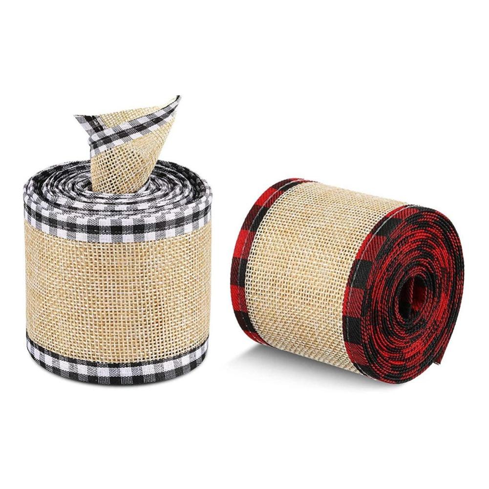 2 Yard Christmas Buffalo Plaid Wired Edge Ribbons Burlap Lace Fabric Craft Wrapping Ribbon Rolls With Checkered Edge 6.3CM Wide