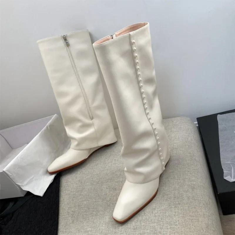 Pearl Pants Knee High Boots Square Head Wedge Heel High Heel Sleeve Boots Sexy Women's Boots Fashion Casual New