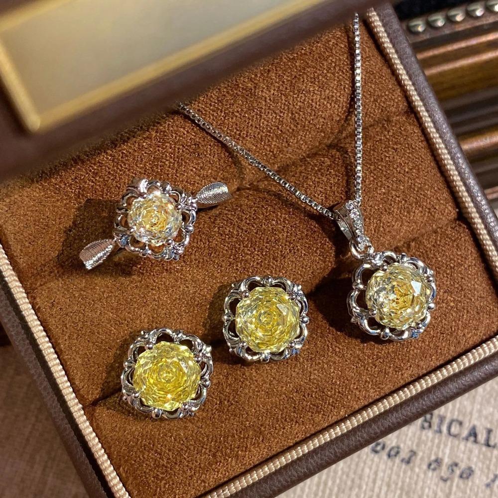 925 Sterling Silver High Carbon Diamond Rose Cut Flower Bright Jewelry Set Charm Ladies Preferred GiftGood Product