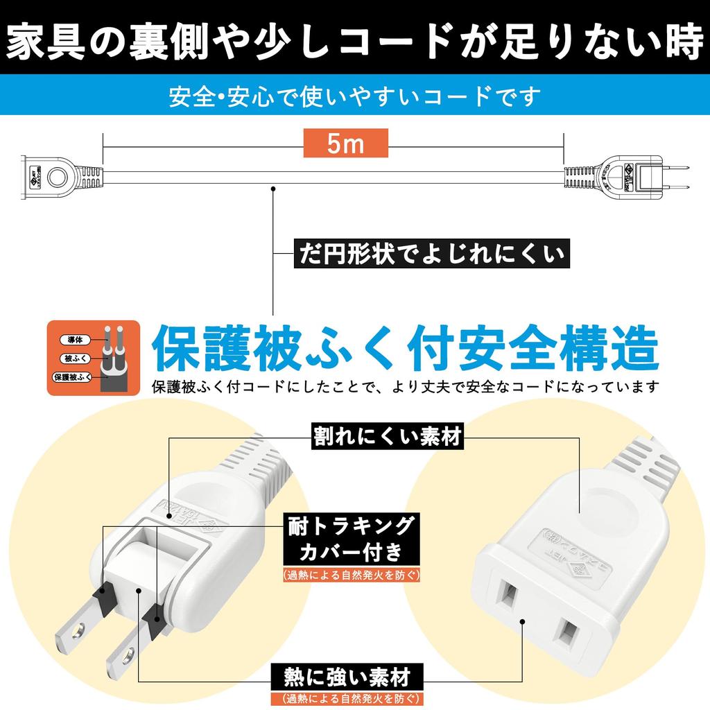 5m Extension Cord, 1 Outlet, 15A, 125V, 1500W, White. 5m Power Cable with 180-degree Swivel Plug. Includes Fire-Preventing Insulation Cap. Suitable