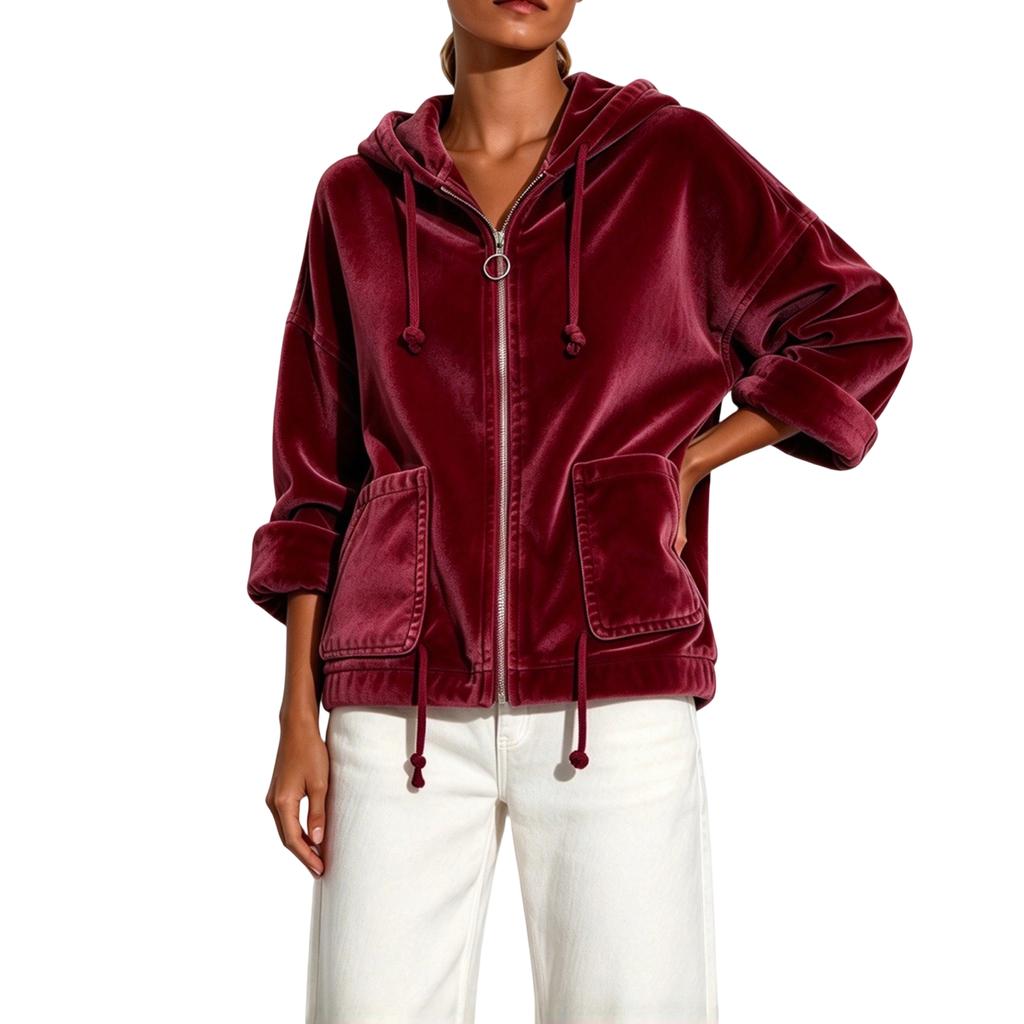 Giacca da donna con cappuccio, zip frontale e tasche, a maniche lunghe, per abbigliamento casual