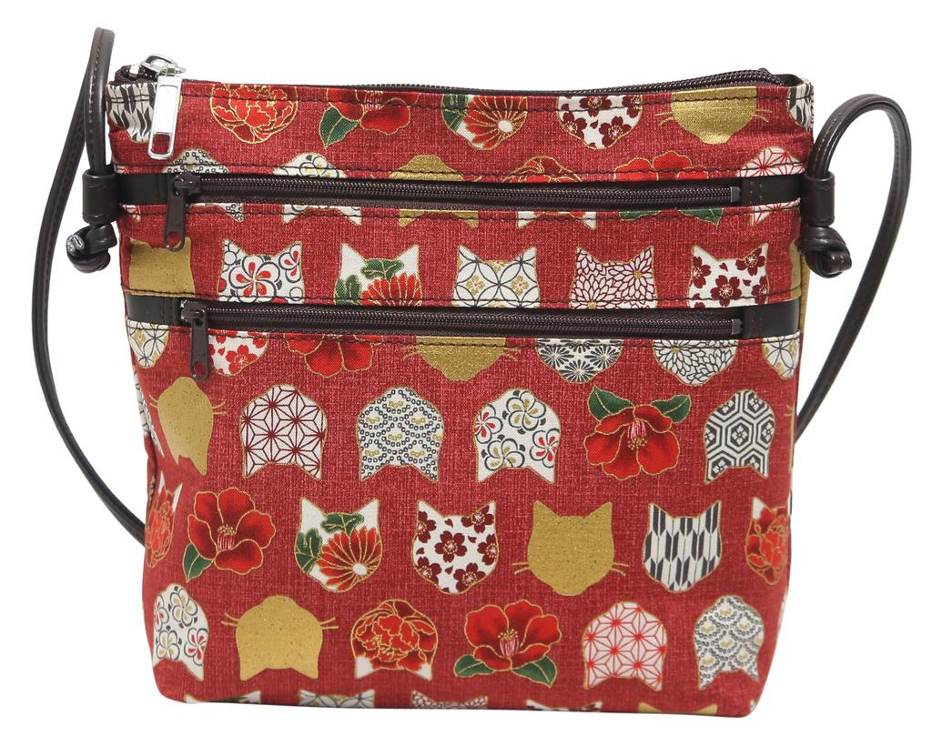 Hasegawa Cat Print Shoulder Bag, Cute Japanese Pattern, Women's, Made in Japan (Red)