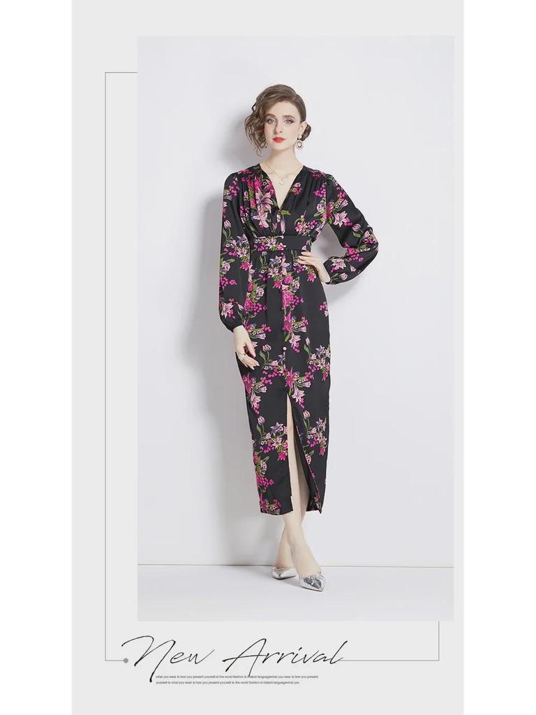 Elegantes Kleid mit Laternenärmeln und Print - Hochwertig, Leicht reifer Stil, Taillenbetont, Langer Rock für Frühlings- und Herbstabendgarderobe
