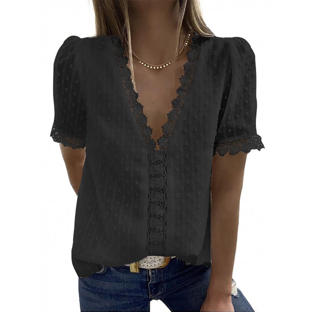 Woman T-shirt Short Sleeve V Neck Solid Color Casual Breathable Lace Loose Blouse Travelling Dating Working Shirt Clothing