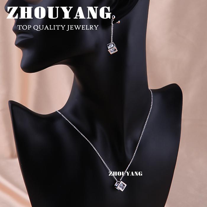 ZHOUYANG Top Quality ZYS059 Cube Silver Color Jewelry Necklace Earring Set Rhinestone Made with Austrian Crystal Health