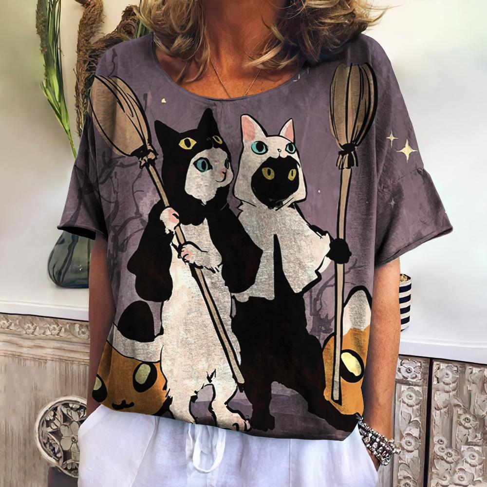 Plus Size Women T-Shirt Halloween Cats Print Female Clothing Fashion Summer Short Sleeve Tops Casual O-Neck Tees Ladies Pullover
