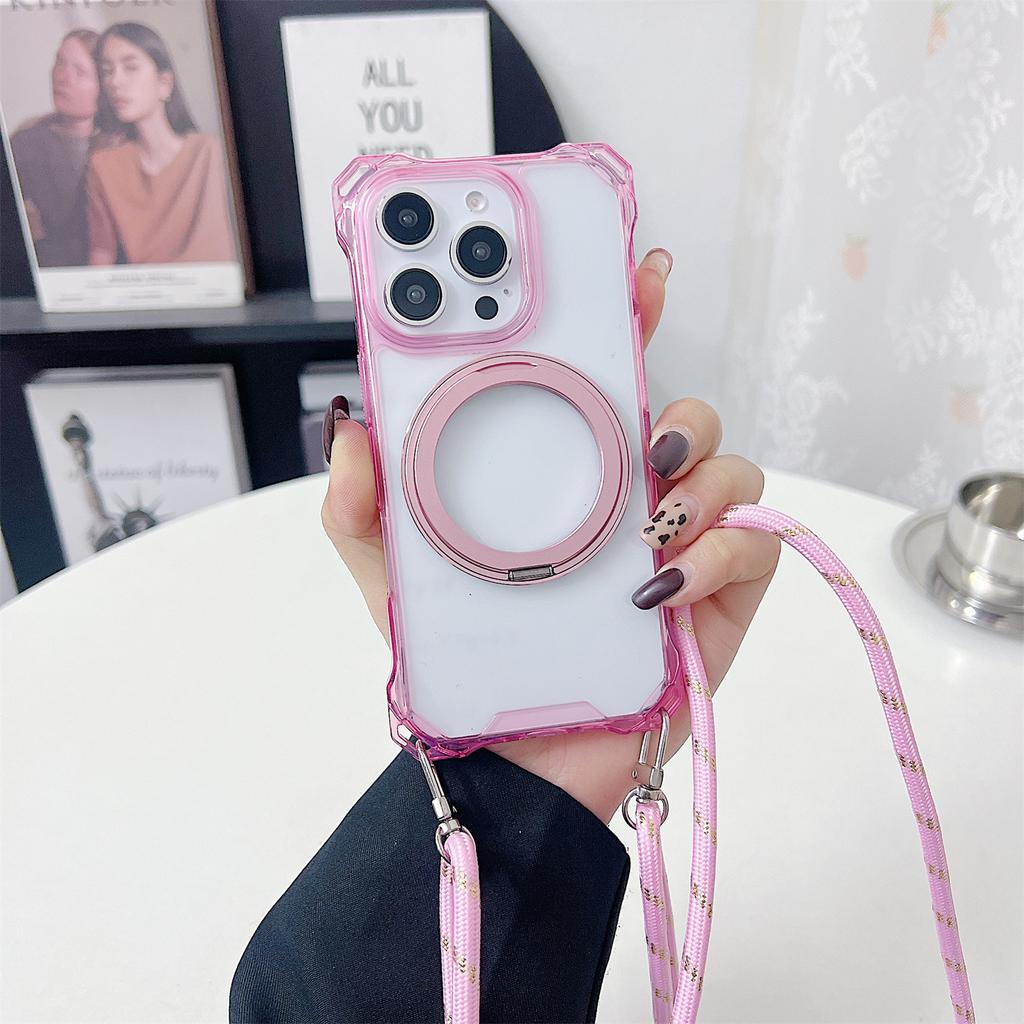 For iPhone 16 Pro Magnetic Case Ring Kickstand TPU+PC Phone Cover with Lanyard