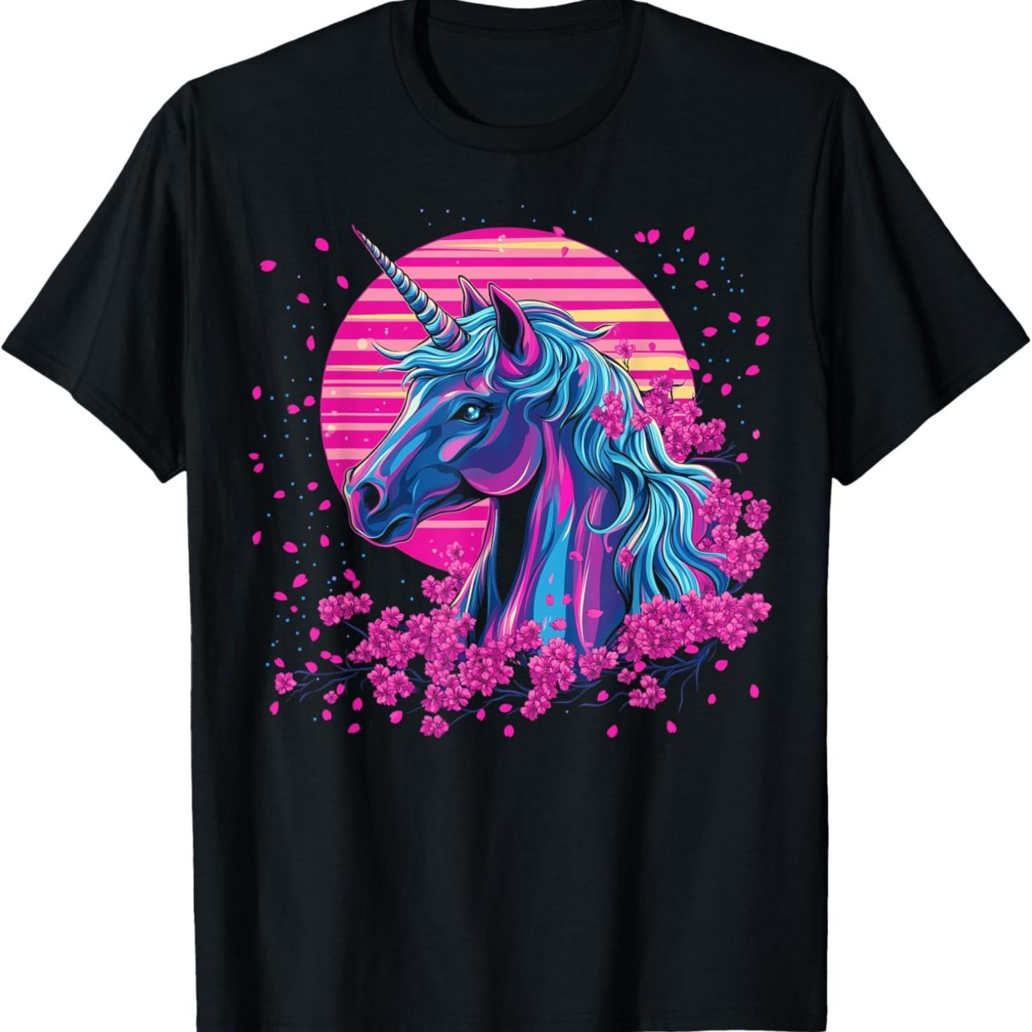 Vaporwave Unicorn Cherry Blossoms Retro Synthwave Aesthetic T-Shirt S