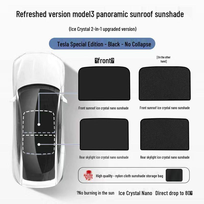 Tesla Model 3 & Y Sunroof & Window Sunshade - Ice Crystal Heat Insulation Ice Crystal Curtain [Black] (2-piece set)