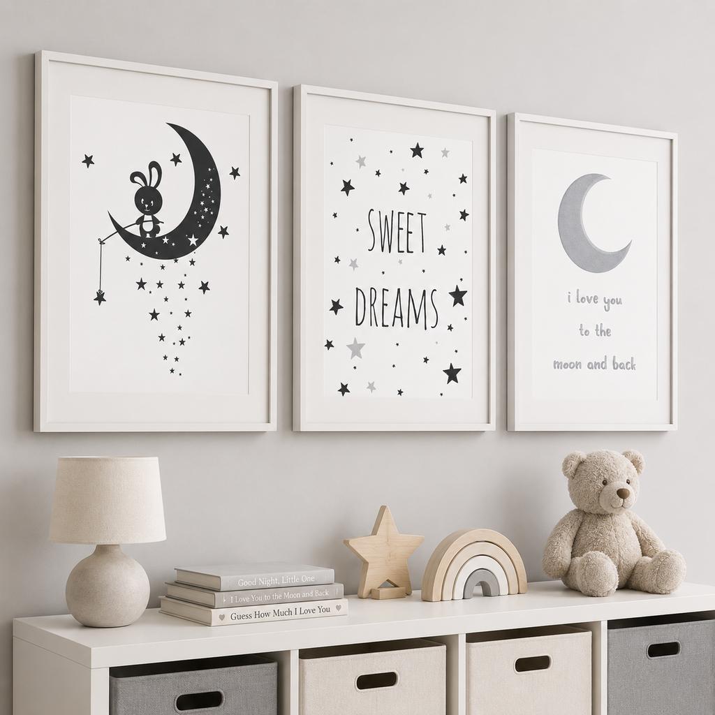 Nursery Wall Art, Black White Moon Star Canvas Painting, I Love You To The Quotes Poster Print for Kids Boy Girl Bedroom Decor