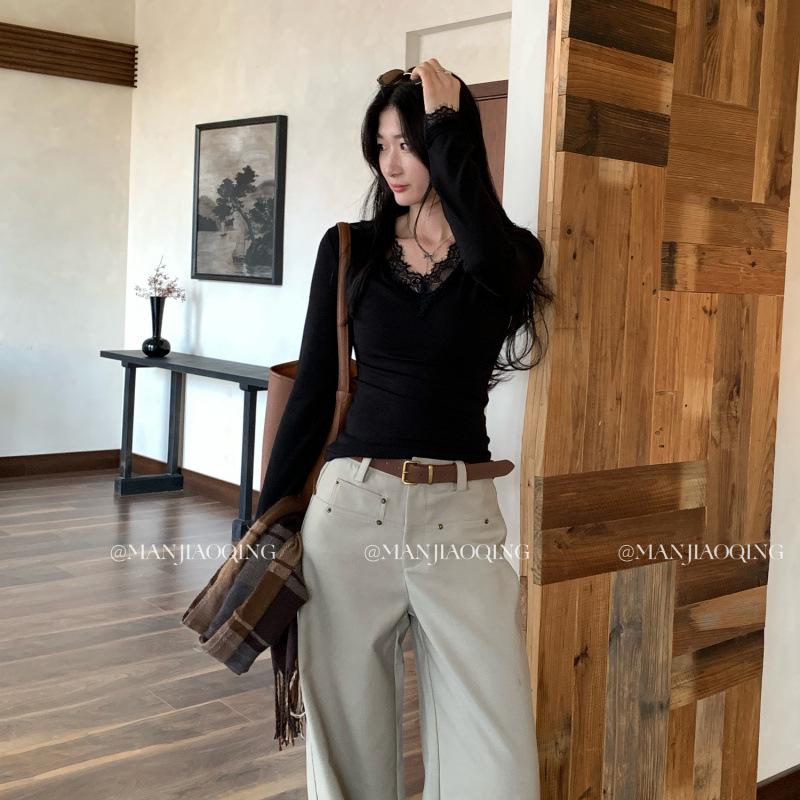Women s Winter 2025 Slim-Fit V-Neck Apricot Lace Trim Base Shirt Extra Large чёрный