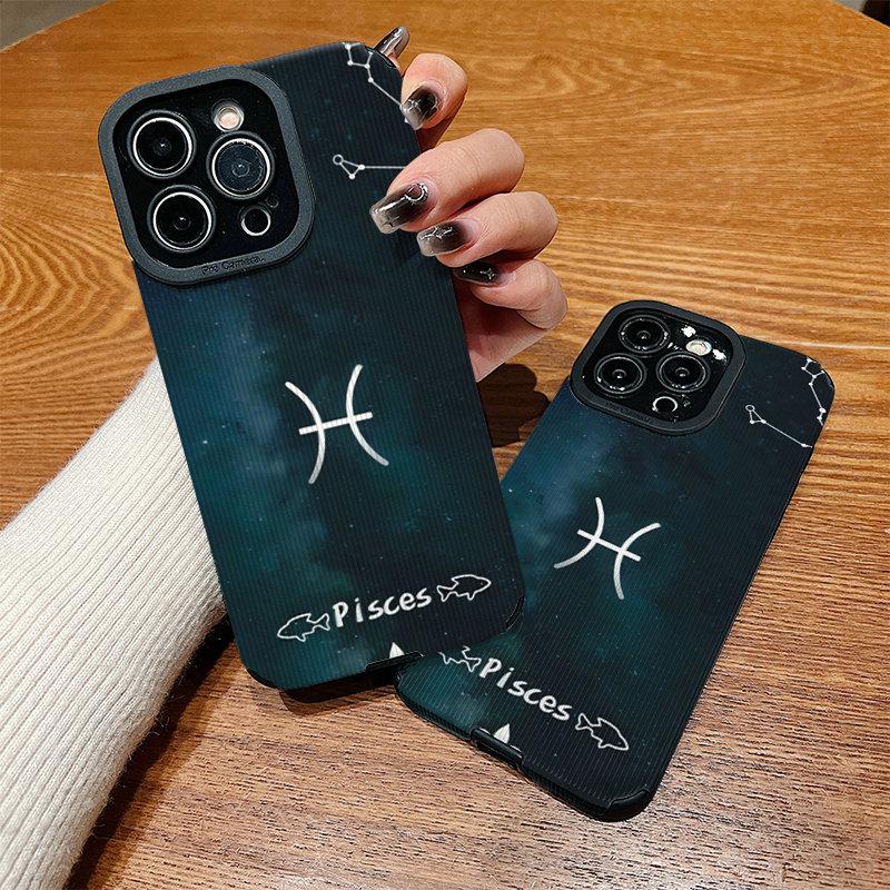 Vertical Leather Shell Pisces Printed Patterned Shockproof Soft Silicone Case with Camera Lens Full Protection for IPhone Samsung