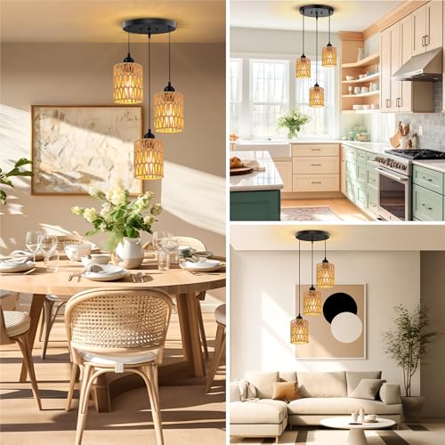 3 Light Farmhouse Pendant Lamp with Hand Woven Natural Rattan Shade  Industrial Kitchen Island Ceiling Light Fixture with E26 Base  Adjustable Height