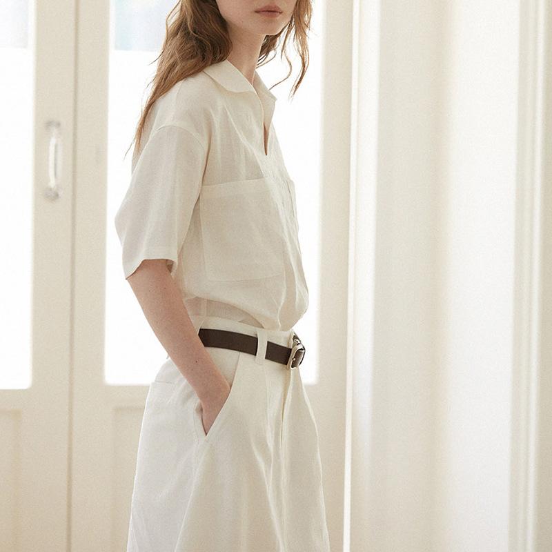 Linen shirt V-neck loose European and American women's high-end shirt summer wide version silhouette short-sleeved lapel top