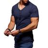 Summer Men's V-Neck T Shirt Fashion Cotton Elasticity Short Sleeve Tops Tee with One Zip Pocket