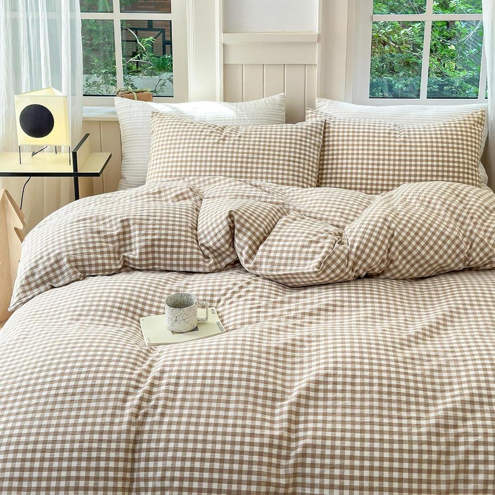 Tan Gingham Grid Duvet Cover Queen 3 Pieces Beige Plaid Duvet Cover 100% Washed Cotton Boho Plaid Comforter Cover with 2