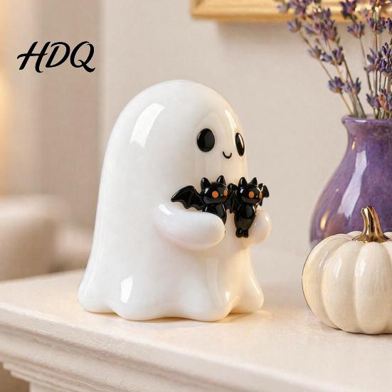 Ghost Sculpture for Window Display Halloween Figurine, Cute White Statue with Bats, Small Garden Resin Ornament Home Mantel Tabletop Decor Funny