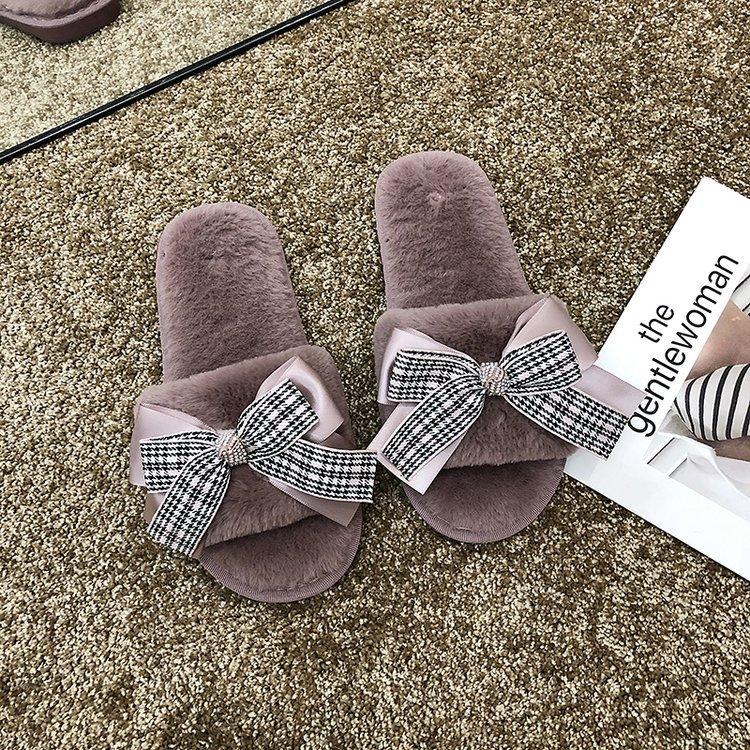 Mao Mao Cotton Slippers 2020 New Autumn and Winter One-word Bow Slippers Indoor and Outdoor Warm Fashion Flat Slippers