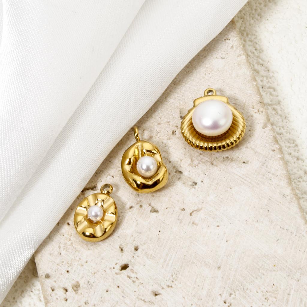 1 Piece 304 Stainless Steel Charms 18K Gold Plated Shell Acrylic Imitation Pearl Small Pendants DIY Necklace Women Findings