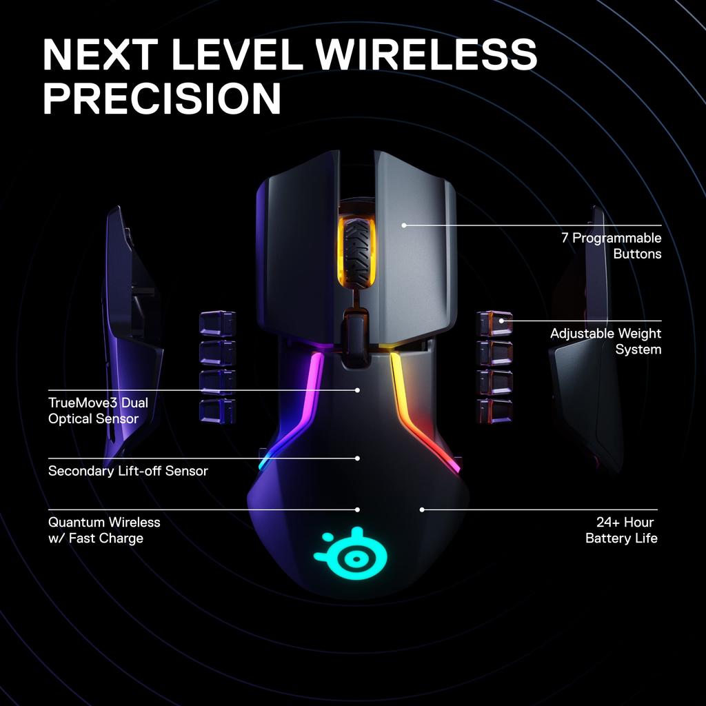 SteelSeries Rival 650 Quantum Wireless Gaming Mouse Rapid Charging Battery CPI Dual Optical Sensor Low Distance 256 Weight Configurations 8 Zone RGB