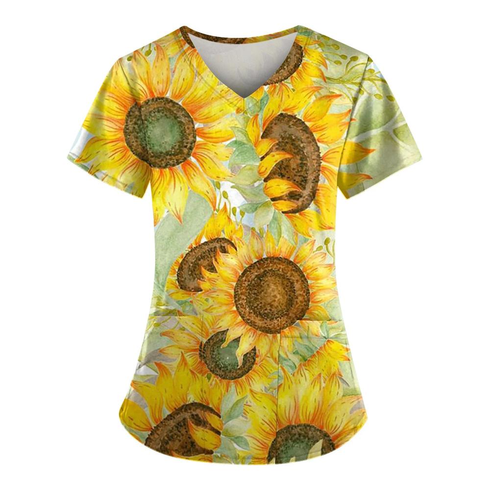 Nursing Uniforms for Women Simple Sunflower Pattern Clinical Uniforms Short-Sleeved V-Neck Fashion Prints Surgical Uniform 2025
