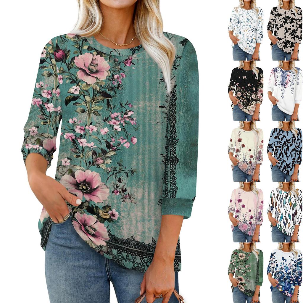 Women's Fashion Casual Round Neck 3/4 Sleeve Loose  Printed T-Shirt Ladies Top