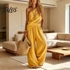 Talos Baumwoll-Leinen 2-teilige Sets für Damen, Ein-Schulter-Ärmelloses Oberteil mit Weitbeiniger Hose Passendes Set, Sommerurlaub Lounge Outfits
