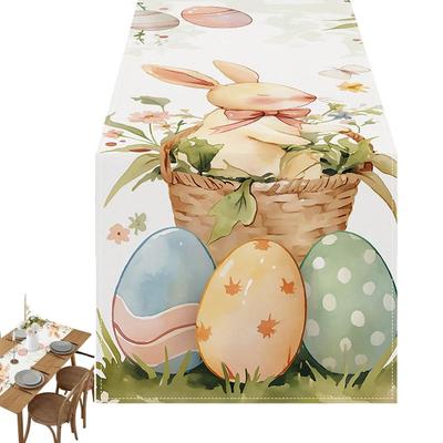 Easter Rabbit Table Runner Linen Bunny Eggs Printing Rectangular Cloth Place Mat Washable Easter Decoration For Home Kitchen