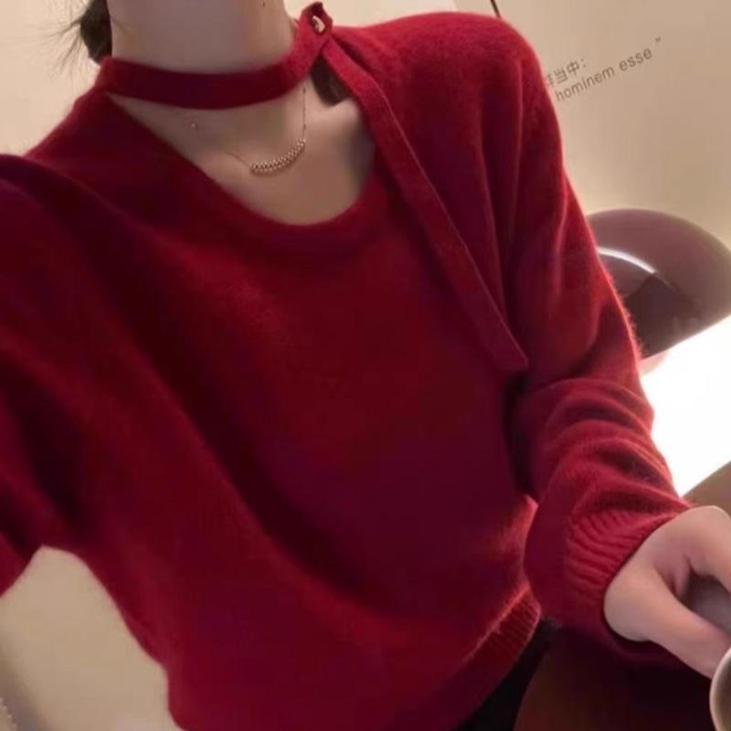 Women's Korean Style Ribbon Halterneck Wool Sweater – Elegant Round Neck Base Layer
