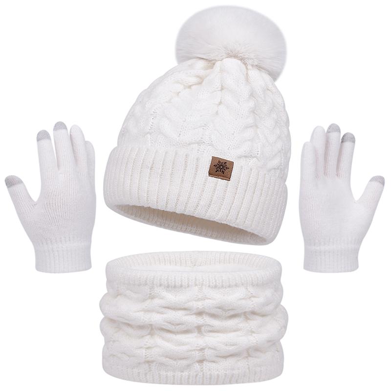 3Pcs Women Winter Hat Scarf Gloves Set Christmas Fur Ball Teenager Beanie Neck Warmer Suit Pompom Knitted Woman Men Cap Set