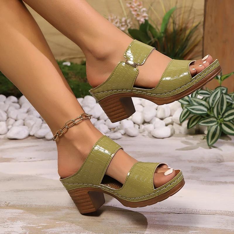 Fashion Fashion Green High Heels Sandals Women Summer 2025 Pu Leather Square Heel Sandals Slides Woman Slip-On Platform Sandalias Mujer