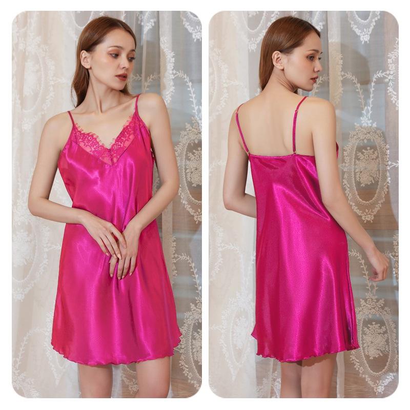 Plus Size V-Neck Lace Trim Silk Satin Strappy Nightdress