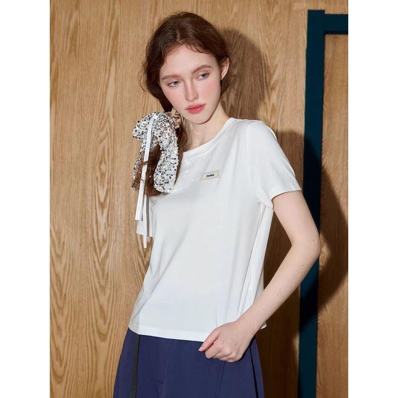 Coolhut2025 Summer Round Neck Versatile Simple Silhouette Short-Sleeved Right-Shoulder Breathable Women's T-Shirt