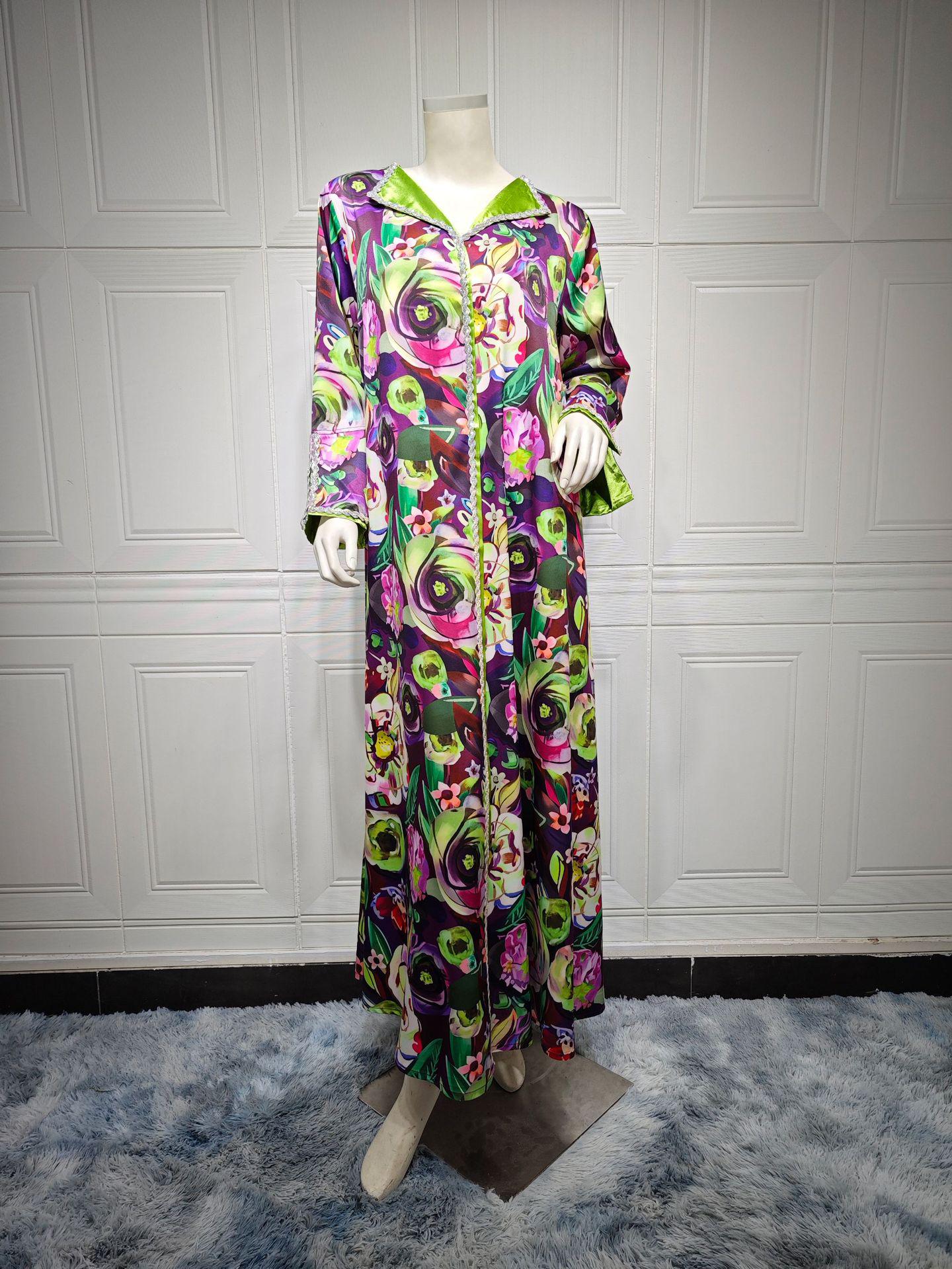 

Дубайское платье-джалабия с цветочным узором и стразами - мусульманская домашняя одежда XXL разноцветный