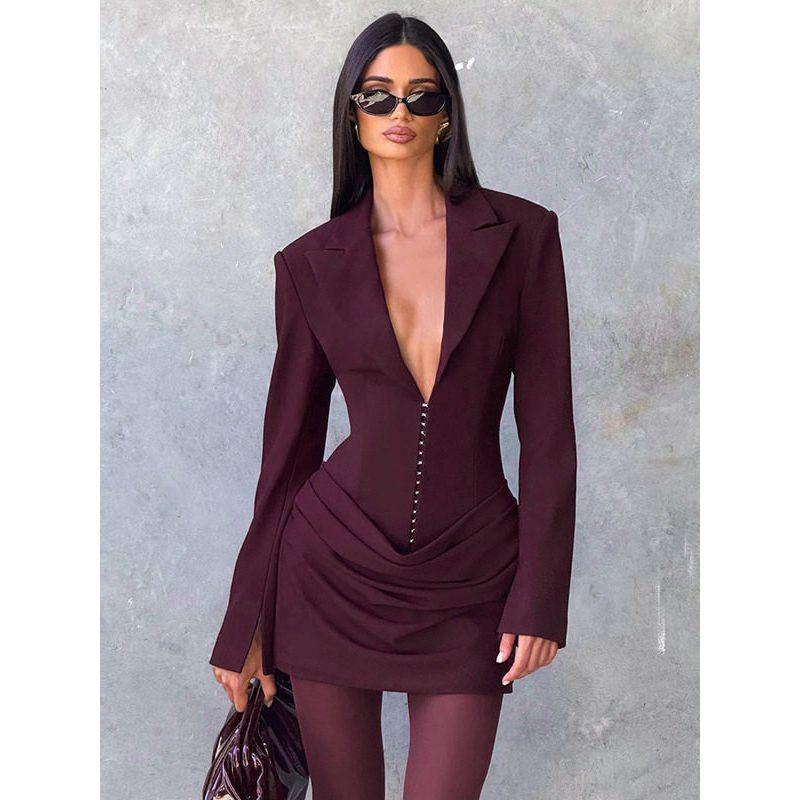 

Trade European and American Women s Clothing Autumn and Winter New Style Solid Color Sexy Deep V-Neck Pleated Waist-Slimming Elegant Suit Dress Wine Red S