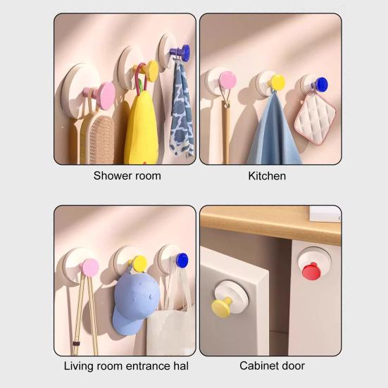 5Pcs Plastic Suction Cup Hooks No Drill Strong Suction Power Detachable Reusable Wall Hangers for Bathroom Kitchen Bedroom Storage Accessories