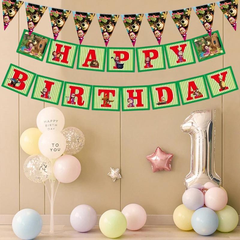 Masha And Bear Birthday Party Decorations Party Tableware Cake Flag Napkin Candy Box Backdrop Balloon Baby Shower Party Supplies