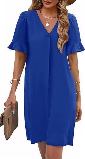 Women's V-Neck Flared Sleeve Medium and Long Pocket Short Sleeve Dress