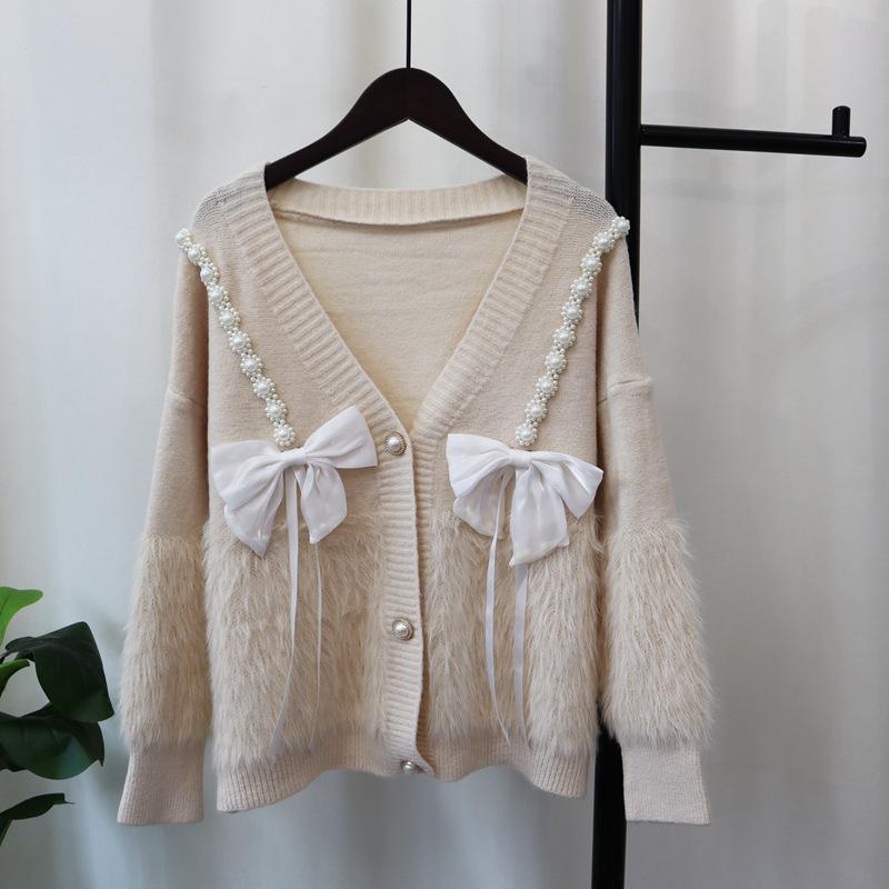 Autumn and winter new loose splicing imitation mink velvet knitted cardigan sweet bow soft waxy sweater jacket women