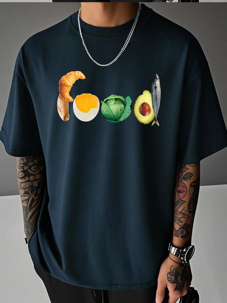 Unisex Black Tee Food Letter Shaped Croissant Egg Cabbage Avocado Fish Graphic Crew Neck Loose Casual Male Daily Tops