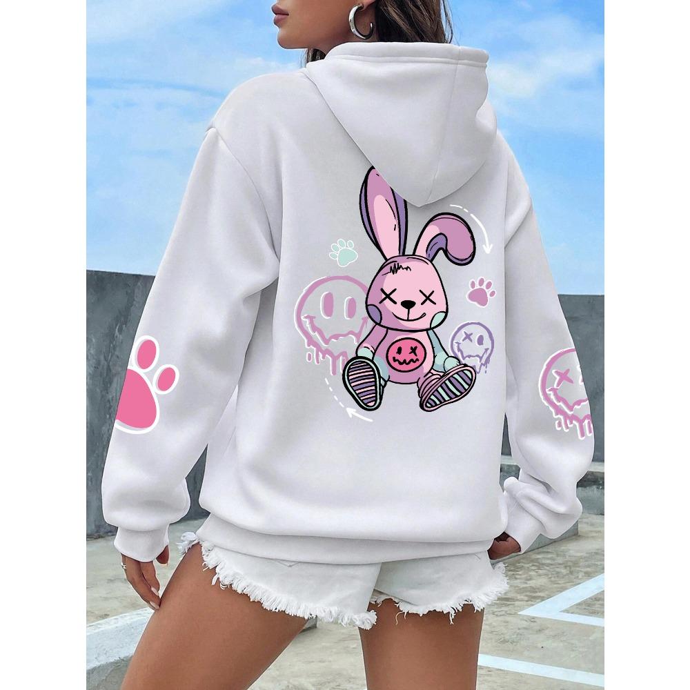 Casual women's hoodie cartoon pink rabbit cute printed pullover autumn clothing