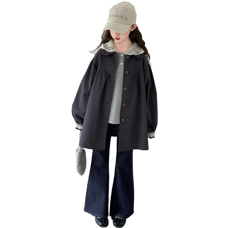 Girls' Trendy Lace Jacket & Trench Coat Set - Stylish Autumn Fashion for Big Kids