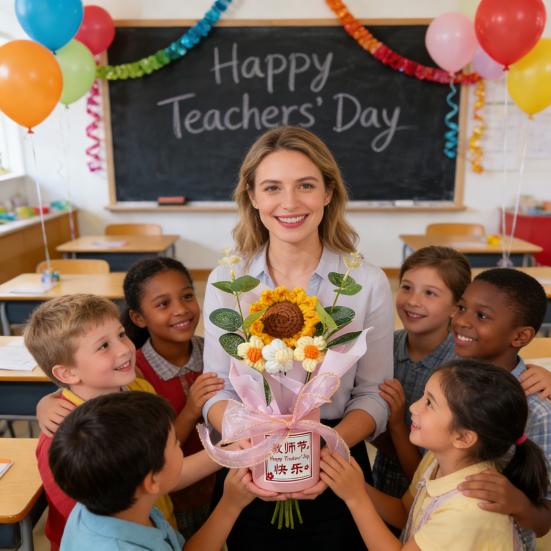 Teachers' Day Crochet Sunflower Bouquet with Eucalyptus Leaf Handmade Knitting Yarn Floral Decoration Home