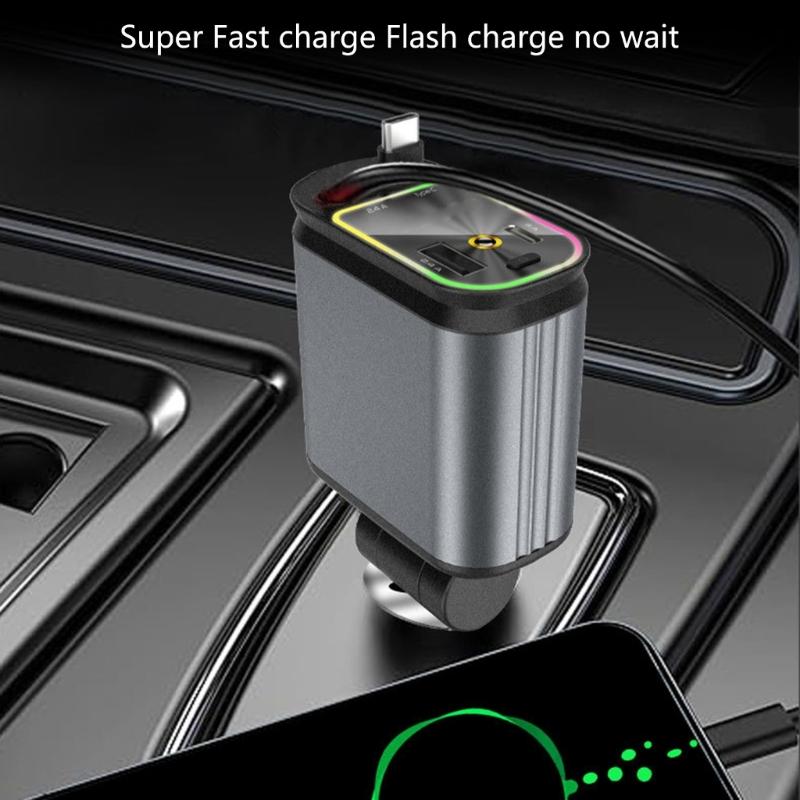 4 in 1 Car Charging Adapter Retractable Phone Fast Car Chargers with Type-C Cord USB & USB C Port Ambient Light