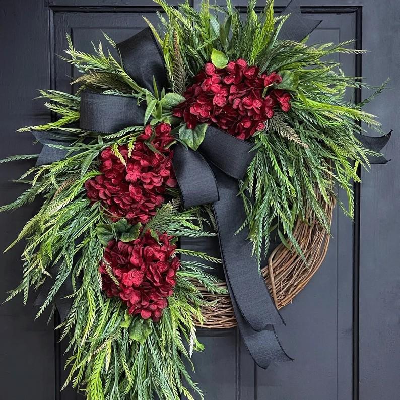 American Pastoral Hydrangea Wreath with Burlap Bow - Green Plant Vine Ring Door Hanging